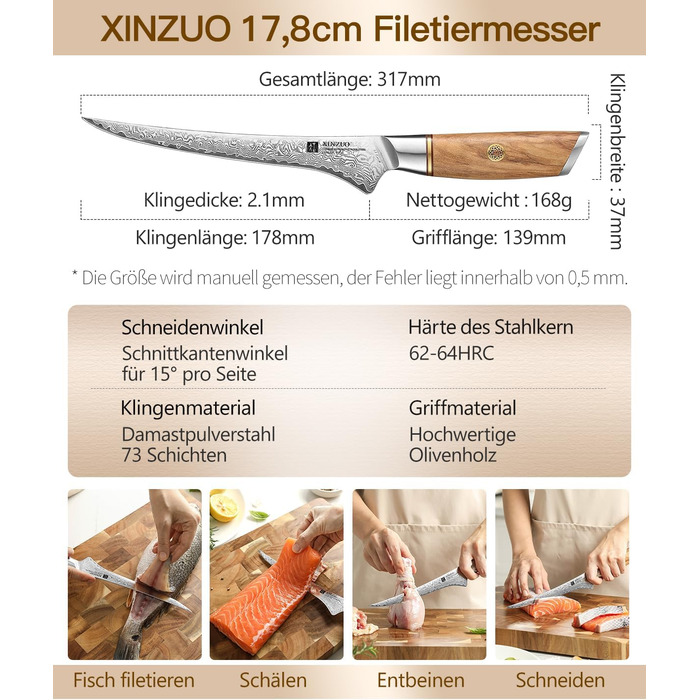 Ніж кухарський XINZUO Damaststahl 18.2 см, 73 шари Дамаска, професійний, з ручкою з оливкового дерева, серія Lan (ніж для філетування)