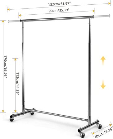 VOWNER Clothes Rack, Clothes Rail, Coat Rack, Rolling Garment Rack, Adjustable Height and Extendable, Adjustable Clothes Rod, (90-132) x 40 x (113-170) cm, Chrome-plated Metal