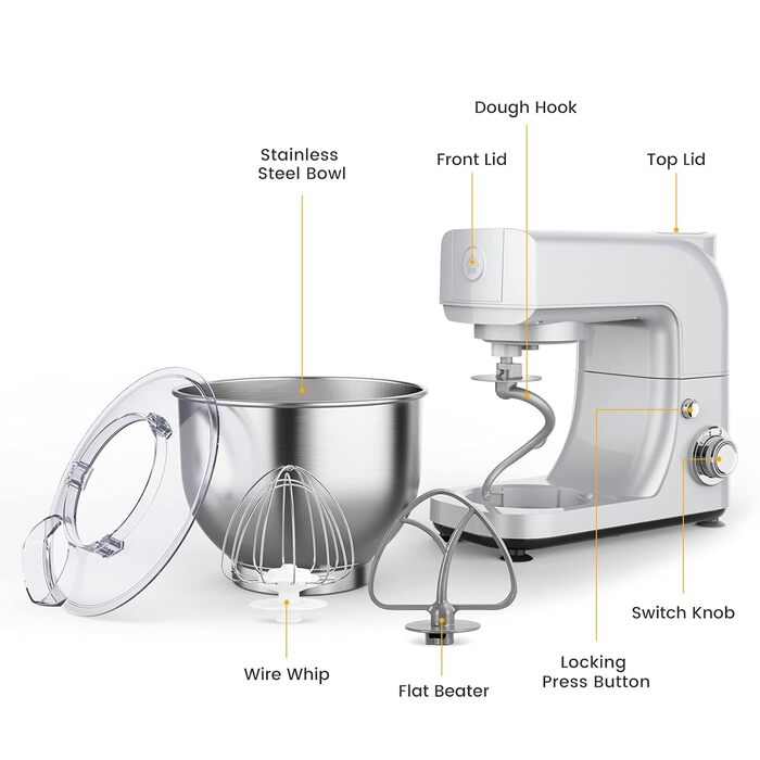 Кухонна машина-міксер з нержавіючою чашею, 6 швидкостей, для замішування тіста та збивання