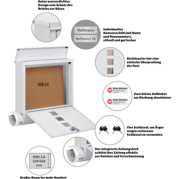 Поштовий ящик Zedelmaier XXL з нержавіючої сталі, індивідуальне гравіювання, 35x35 см, 4 ключі, для листів B5/C4, RAL 7016 Anthrazit
