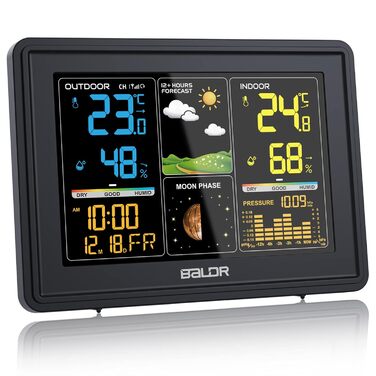 BALDR Weather Station Radio with Outdoor Sensor, Digital Color Display DCF Radio Clock Indoor and Outdoor Thermometer Hygrometer, Radio Weather Station with Weather Forecast, Barometer and Moon Phase, Power Adapter