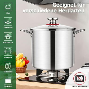 Каструля Homikit 20 см, 3-шарівна нержавіюча сталь, 3,3 л, з кришкою з термостійкого скла, для всіх типів плит, нержавіюча сталь, полірована, без покриття, для здорового приготування, можна мити в посудомийній машині