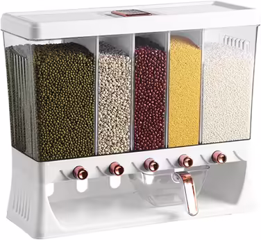 Wall-mounted whole grain dispenser with large capacity, travel bucket, food dispenser, rice storage container, multiple compartments, automatic dispensing for kitchen, rice grains, beans (luxury ivory)