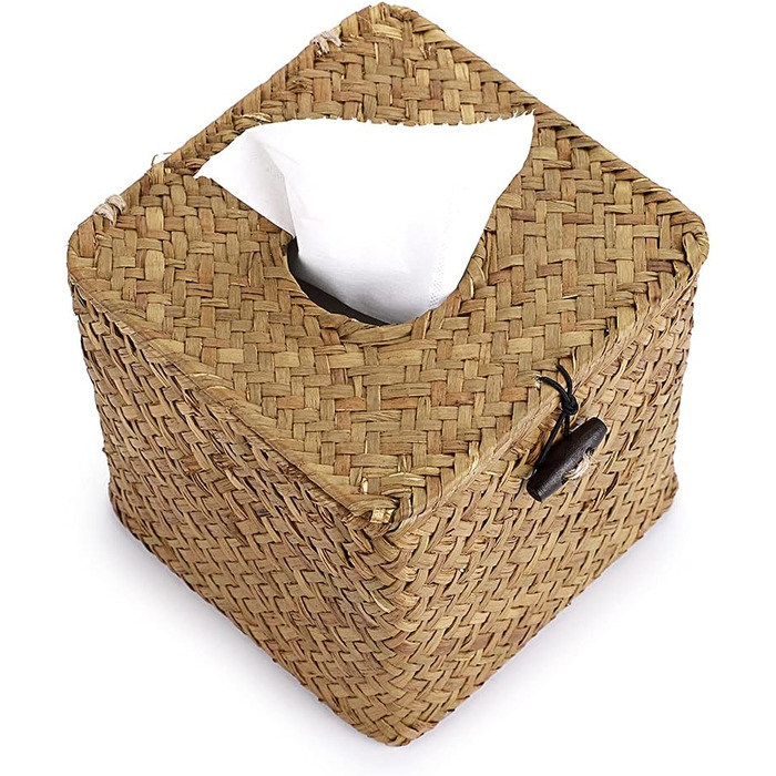 BSTKEY Household Cube, Seagrass Face Towel Box, Decorative Woven Paper Holder, Original Color, Yellow, 35.6 x 35.6 x 33 cm