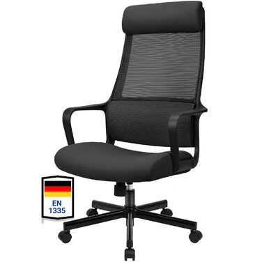 Ергономічне крісло для офісу з регульованою підголівником, крісло для робочого столу з широким сидінням, підтримкою попереку, офісне крісло 200 кг, сітчасте крісло, крісло для дому та офісу, комп'ютерне крісло EN 1335 (Чорний)