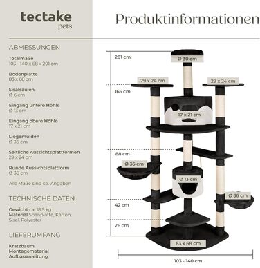 Дерево для котів tectake® велике, з аксесуарами та іграшками, XXL дерево для котів з 2 будиночками, ігровий комплекс з подряпальною колоною, з сизалю - сірий/білий (чорно-білий | № 402185)
