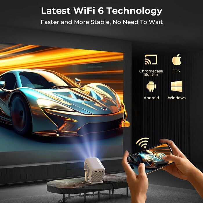 Портативний проєктор LYNCAST N300: 4K, Android 13, WiFi 6, Bluetooth 5.4, сумісний з Netflix, iOS, USB, HDMI