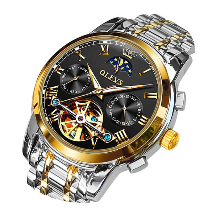Чоловічий механічний годинник OLEVS Skeleton з фазою місяця, водонепроникний, сталевий браслет, люміноцірувані стрілки, чорний