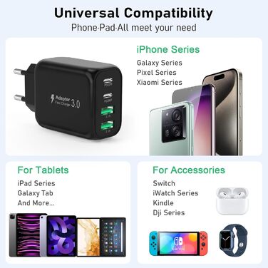 Мережевий адаптер USB-C 40W 4-портовий Cshare з PD 3.0, USB-C та USB-A, для iPhone, iPad, Samsung Galaxy, Android, білий/чорний