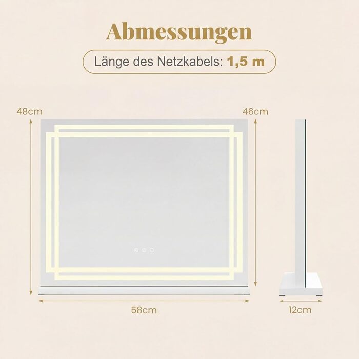 Дзеркало для макіяжу COSTWAY з підсвіткою, 3 режими кольору, 5-кратне збільшення, сенсорне керування та регулювання яскравості, поворотне на 360°, 58x48 см