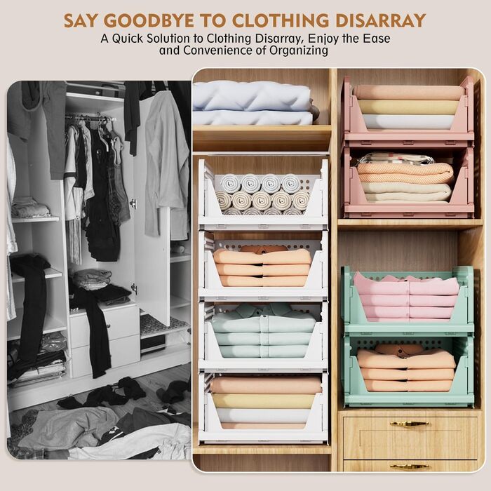 SNSLXH 5 Pack Stackable Closet Shelf Organizer, Multifunctional & Foldable Closet Organizer for Bathroom Kitchen Closet Storage, Space-Saving Closet Drawer Storage Box, White (8pack White)