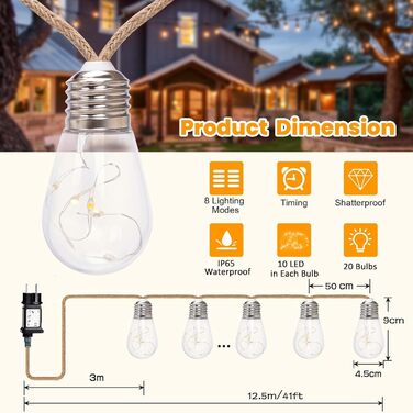 LED ліхтарна гірлянда Redefun 9м для дому та саду, 16 лампочок, 8 режимів, таймер, декорація для вечірки, саду, балкону, шнур живлення