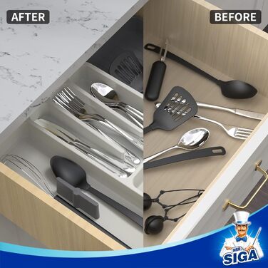MR.SIGA Expandable Cutlery Box for Drawers, Utensil Holder Kitchen, Adjustable Cutlery Organizer for Cutlery, Kitchen Gadgets and Cooking Accessories, White & Grey