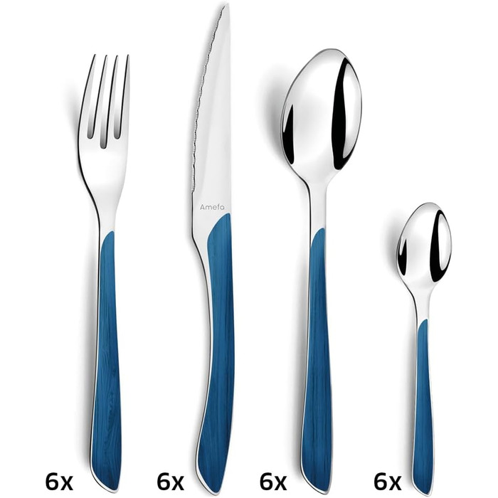 Amefa ECLAT Cutlery Set NATURE Blue Wood-Look Dining Cutlery 24-Piece for 6 People Stainless Steel, Rust-Proof, Plastic Grip Shells with Wood-Look, Dishwasher-Safe Cutlery Set for 6 People