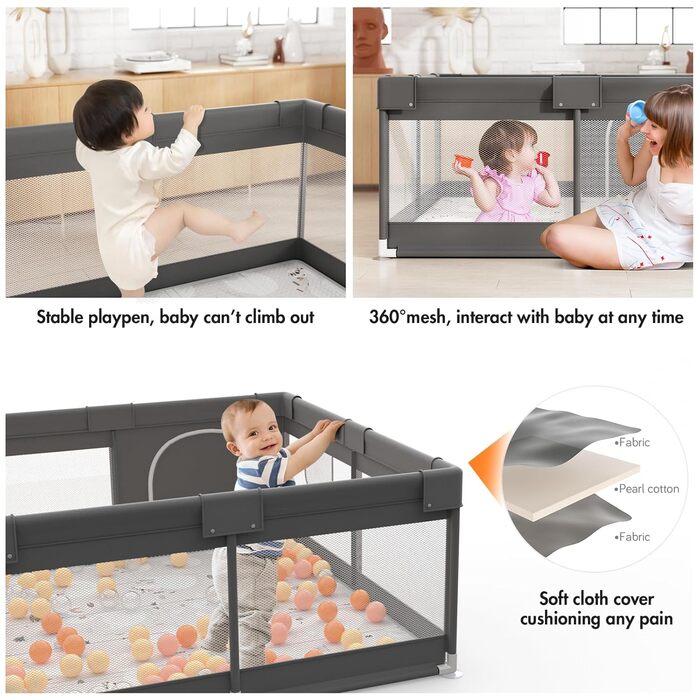 Mloong Baby Playpen with Play Mat, 120x120x65cm Small Baby Playard Dark Grey, Playard for Apartment, Playpen with Breathable Mesh on Four Sides and Suction Cups Dark Grey 120x120cm