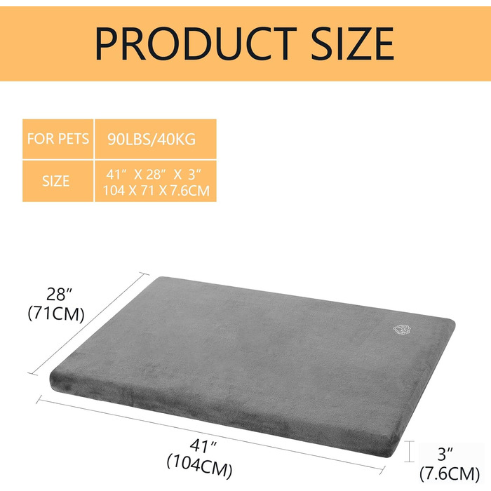 EMPSIGN Dog Bed for Large Dogs, Washable Dog Cushion, Waterproof Dog Bed XL 104x71x7.6cm, Dog Cushion Suitable for Cages, Dog Mat with Removable and Washable Cover for Large Dogs, Grey