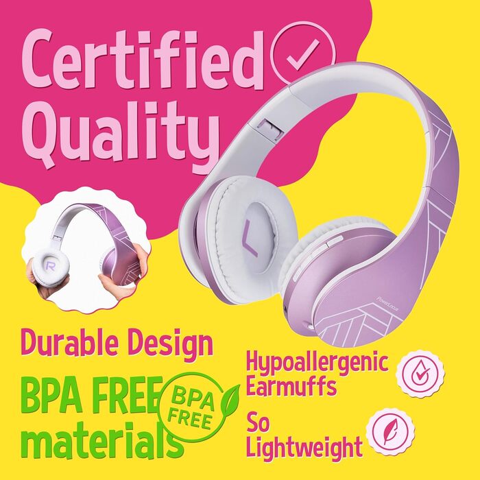 Дитячі навушники PowerLocus Bluetooth з обмежувачем гучності 85dB, складні, з чохлом, Over-Ear, бездротові та провідні з мікрофоном, Micro-SD, для телефону, ПК, планшета, фіолетові