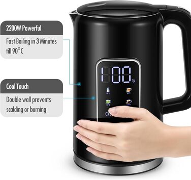 Електричний чайник ForMe з нержавіючої сталі, 1,7 л, регулювання температури 40-100°C, LED дисплей, функція підтримання тепла, без BPA (чорний)