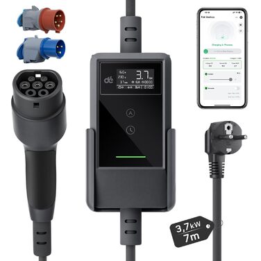 Кабель зарядки Type 2 Schuko з цифровим LCD дисплеєм, 3,7kW (6-16A, 1-фазний) для електромобілів ID.3/4/5/7, Model Y/3, ENYAQ та інших PHEV/EV (3,7kW, чорний, 7м, комплект для подорожей)