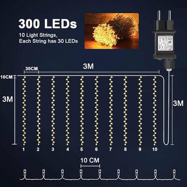 Ланцюжок LED-ліхтарів Joycome 3м x 3м, 300 LED, 8 режимів, вологостійкий, для декору вікна, балкона, кімнати, вечірки, намету, весілля, Різдва (тепле біле світло)