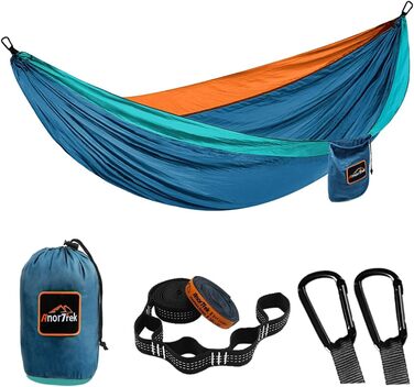 Намет-гамак для 2 осіб, 300x200 см, до 249 кг, ультралегкий, з ременями для дерев, дихаючий, для кемпінгу, подорожей, туризму, саду (синій/темно-синій/оранжевий)