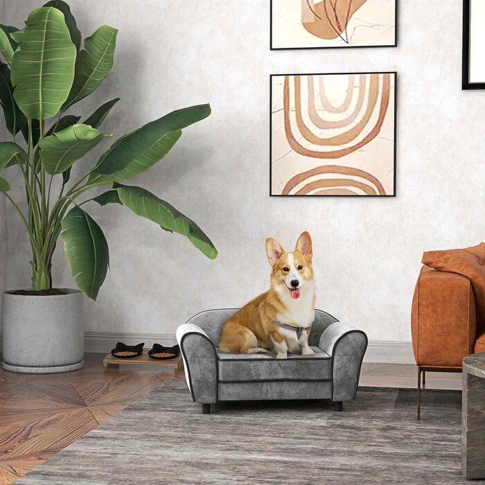 Диван для домашніх тварин PawHut: м'який, з підлокітником, з голландського велюру, сірий, 74 x 41 x 32,5 см