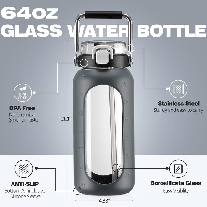 1900ml Glass Drinking Bottle with Straw and Stainless Steel Handle, Glass Water Bottle with Silicone Sleeve and Time Marker, Monitoring Your Daily Drinking Bottle 2 Liter, Light Green (Gray)