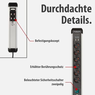 Мережевий фільтр Brennenstuhl Premium-Alu-Line на 6 розеток з USB (3.1A), 3м, алюмінієвий корпус, з вимикачем, Made in Germany