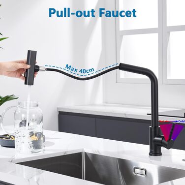 Чорний кухонний змішувач з висувною лійкою, водоспад, високий тиск, 3 режими, поворотний на 360°, з нержавіючої сталі, матовий, для кухні
