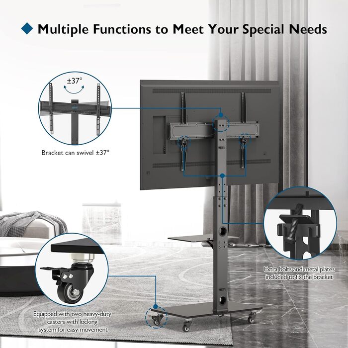 BONTEC Mobile TV Stand with Wheels for 30-70 inch Plasma, LCD, LED TVs - VESA 600x400, Adjustable Height & Glass Shelves