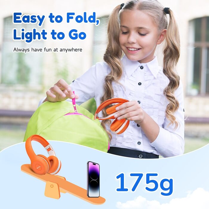 Бездротові навушники EarFun для дітей з Bluetooth, регулюванням гучності 85/94 дБ, Hi-Fi звук, HD-мікрофон, 40 годин роботи акумулятора, складні, регульовані, для школи/подорожей/ПК, помаранчеві