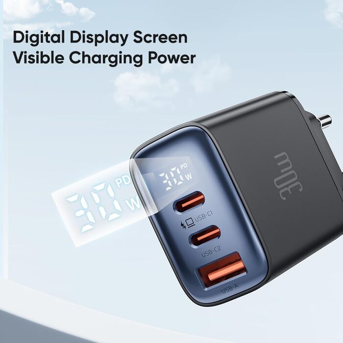 Зарядний пристрій USB-C 30W з цифровим дисплеєм для iPhone 15 Pro Max, Samsung Galaxy S24 Ultra та інших пристроїв