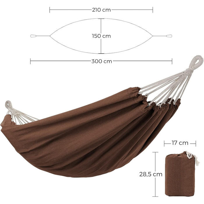 Гамак SONGMICS 210x150 см, подвійний, до 300 кг, для тераси, балкона, саду та кемпінгу, з сумкою, ременями та карабіном, коричневий