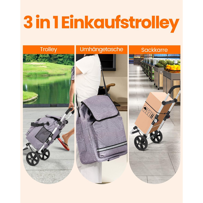 Складаний візок для покупок Homecall 50л з охолодженням, 3 в 1: візок, сумка, таскач, з принтом Geometrie, стандартні колеса