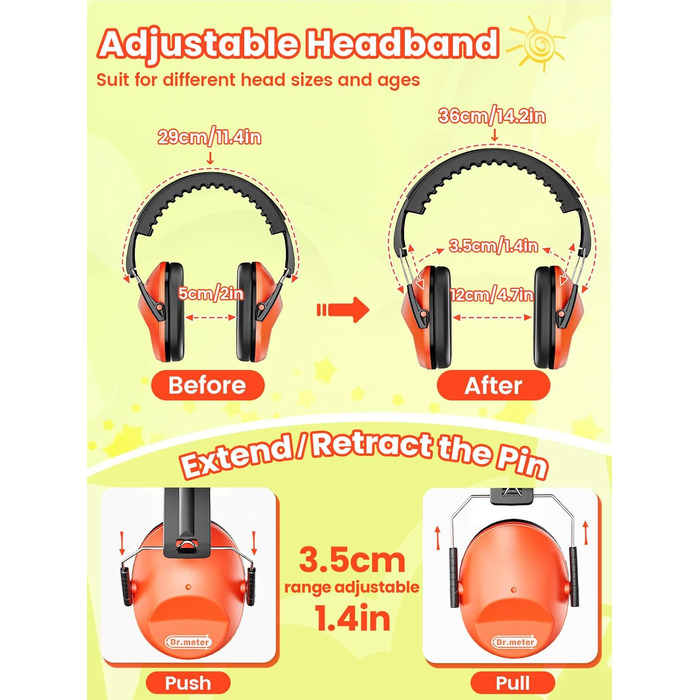 Навушники для захисту від шуму Dr.meter для дітей - пасивні навушники-затички для вух, захист від шуму SNR 27dB, для школи, аутизму, сну, навчання, гри на барабанах, зелені (помаранчеві)