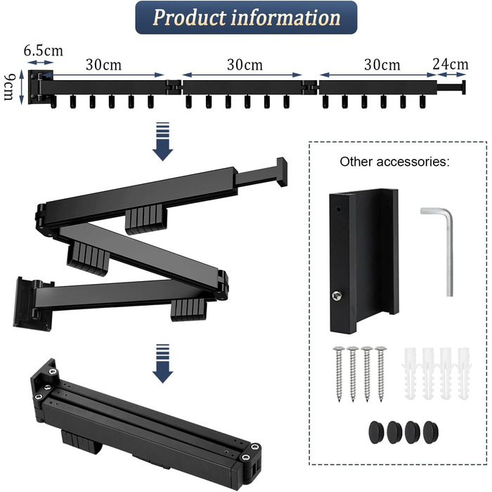 Настінна сушилка для білизни розкладна 120 см, висувна штанга з 18 гачками, сушарка для одягу на стіну, тримач для рушників (чорний)