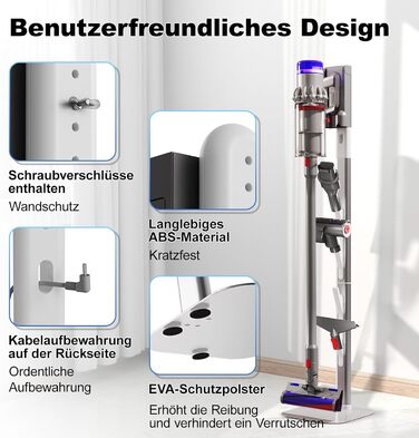 Підставка для пилососів Dyson V7, V8, V10, V11, V15, G5, V12slim, CISSIYOG, з 4 гачками, без свердління, для зберігання пилососа та аксесуарів, приховане кабельне рішення