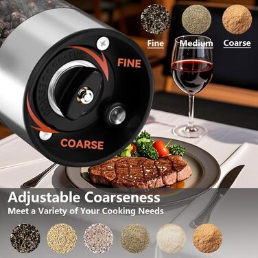 Rechargeable Electric Salt and Pepper Grinder Set with Base, Stainless Steel Spice Grinders with 95ml Transparent Container, White LED Light, and Adjustable Coarseness