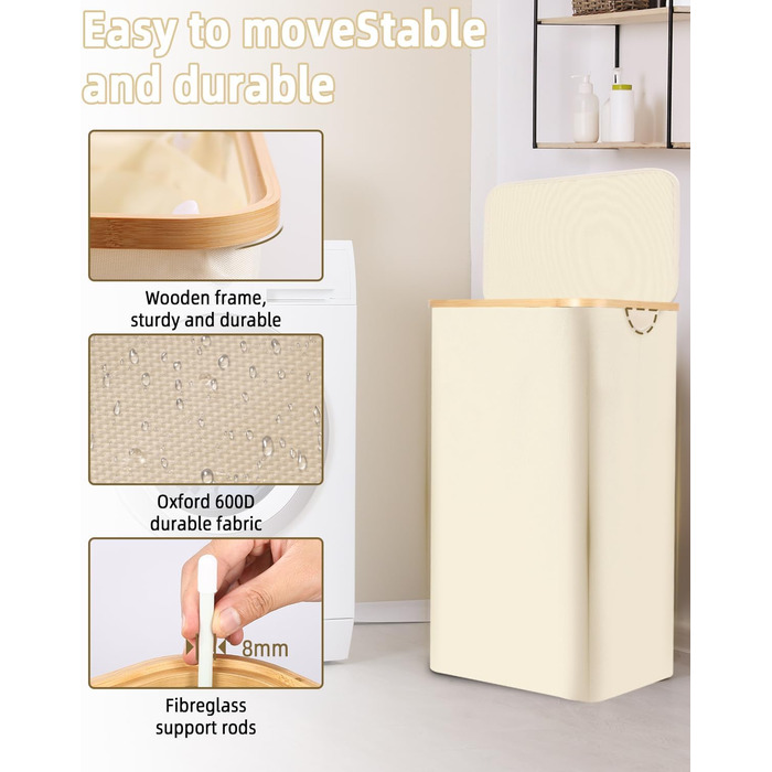 Laundry Basket with Lid 100L, Laundry Box with Bamboo Handles and Inner Pocket, Bamboo Laundry Collector, Large Capacity, Laundry Baskets, Foldable Laundry Baskets for Laundry Room, Bedroom, Bathroom (Beige)