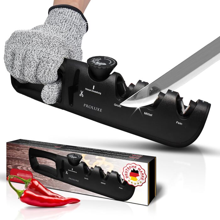 Точилка для ножів Proluxe® Profi з кутовою направляючою та точилка для ножиць – з захисними рукавичками. 4-ступенева ручна точилка для кухонних ножів, ножів дамаск та ножиць – алмазний точильний пристрій