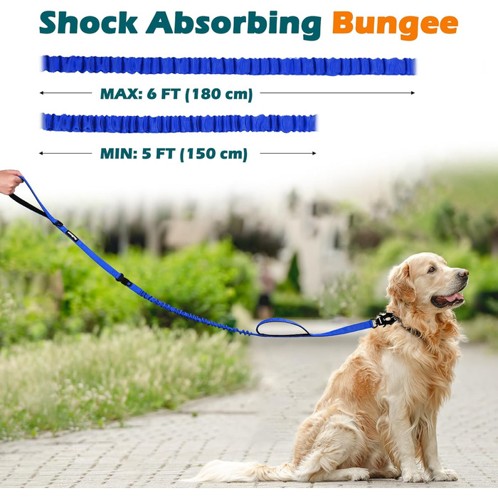 Міцна тактична повідка для собак PetBonus, 1,5м, еластична, з 2 м'якими ручками, страхувальний ремінь для авто, нашийник-повідок для дресирування собак великих та середніх порід (Армійний зелений, Синій)