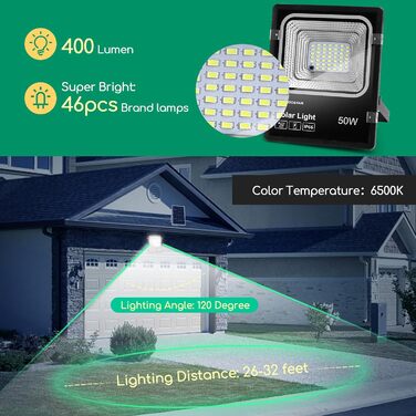 Aigostar 50W Solar Floodlight Outdoor, Super Bright LED Floodlight with Solar Panel, Cold White 6500K, IP66 Protection Rating Solar Spotlight Searchlight Outdoor Spotlight for Garden, Door, Yard, Garage, etc.