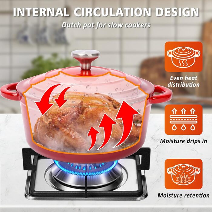 Набір чавунної емальованої посуду Denmay 7 предметів: голландська піч, сковорода, каструля для тушкування, соусник, 3 кришки, червоний. Підходить для всіх типів плит.