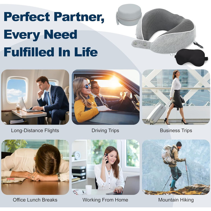Подушка для шиї Comfy для подорожей: регульована подушка з memory foam, 3D-маска для сну, підтримка 360°, для літака, авто, поїзда (світло-сіра)