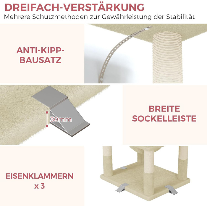 Великий котячий будиночок Kratzbaum 208 см з 3 анти-перекидною системою. Стабільний котячий будиночок XXL з 15 стовпчиками для дряпання, 2 платформами, 2 печерами, 1 рампою для дряпання та гамаком. Для великих котів (Бежевий)