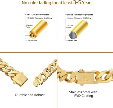 Чоловічий браслет KRKC&CO, кубинське плетиво, 18 мм, Miami Iced Out, кубинське панцерне з'єднання, 18-каратне золото, міцний, Urban Streetwear, браслет у стилі хіп-хоп для чоловіків (Golden-12mm, 19.0 см)