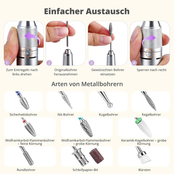 Електричний фрезер для нігтів з педаллю, 45000 об/хв, 45 режимів, LCD дисплей, F/R, для гелю та акрилу