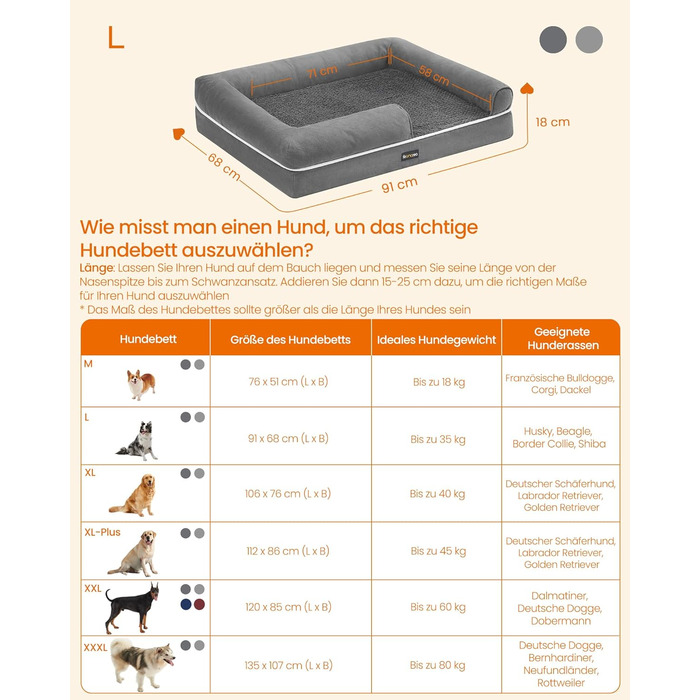 Ортопедичне ліжко для собак Feandrea, м'яке, з піднятими бортиками, 91 x 68 x 18 см, сірий колір, знімний чохол, неслизьке дно