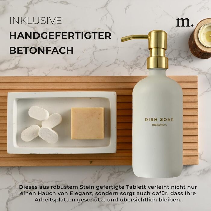 MaisoNovo Soap Dispenser Set - Soap Dispenser Kitchen - 500 ml Amber Bottles, Black Pumps, Glass Pumps, Soap Dispenser Set, 2-Piece Set and Concrete Tray - Dish Soap Dispenser Kitchen (White Glass / Gold Pump + Rectangular Tray)