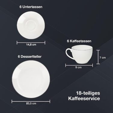 Сервіз для кави на 6 осіб з порцеляни, 18 предметів: 6 тарілок для десерту, 6 чашок, 6 підставок. Білий з чорним обідком.